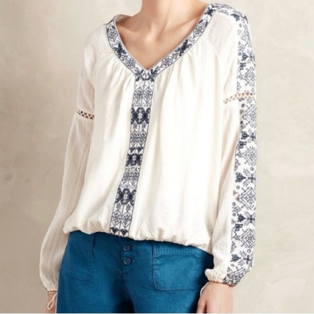 Boho Chic White and Blue Embroidered Blouse